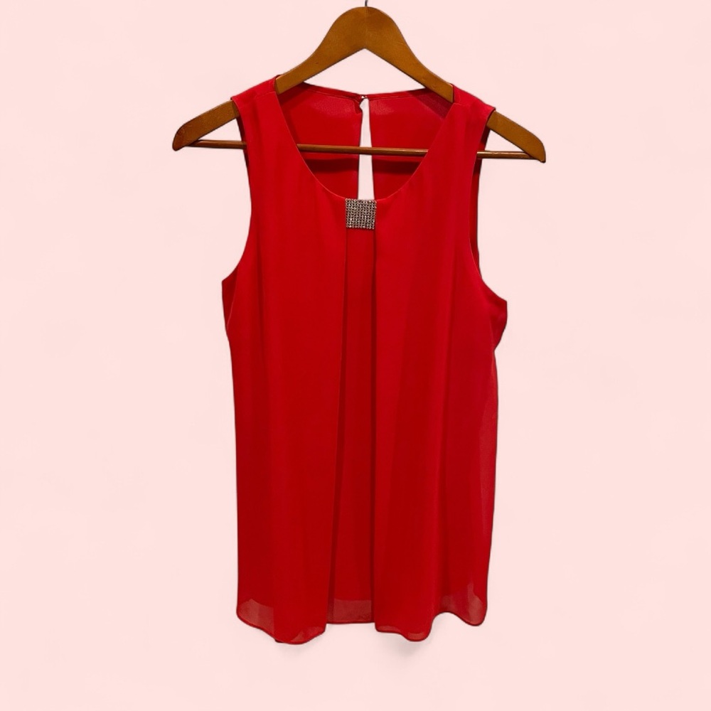 Flowy lipstick red sleeveless rhinestone collar bling top peek a boo back